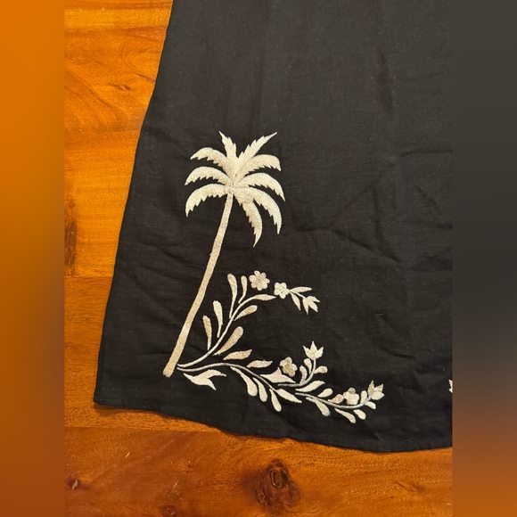 Calypso St. Barth Black Linen Blend Sundress Embroidered Palm Trees Sz L - NEW - Picture 3 of 12